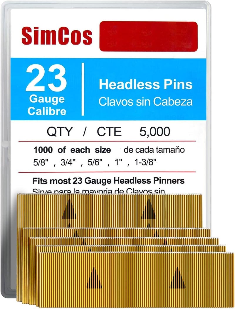 SimCos 23 Gauge Pinner Nails (5/8",3/4",5/6",1",1-3/8") Assorted 5 Sizes' Headless Pin Nails for 23 GA Pneumatic or Electric Pinner or pin Gun,Project Pack (5000) - Image 1